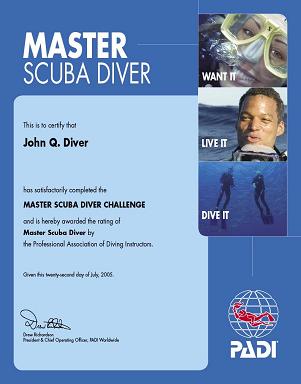 PADI Master Scuba Diver Certificate